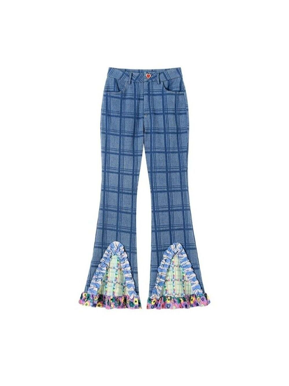 TNTNTUTU Women's Ruffled Splice Plaid Flared Pants Size XL Multicolor Blue - Picture 2 of 8
